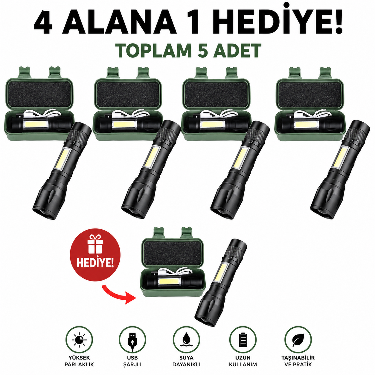 Cata �arj Edilebilir Ledli El Feneri 5 Al 1 �de