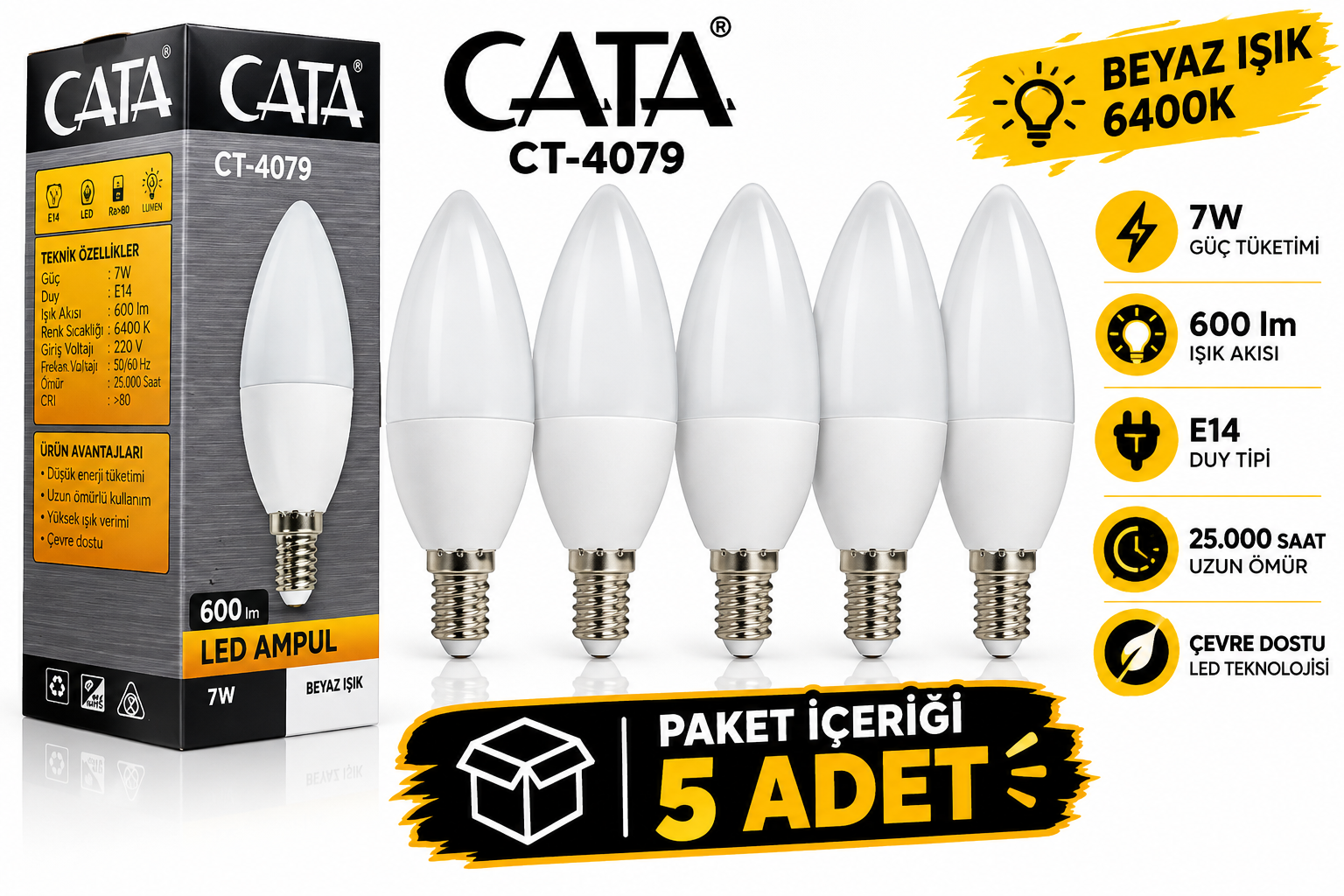 Cata Buji Ampul Mum 7W Beyaz Cata CT-4079 5'li Paket - merkez Mağazası