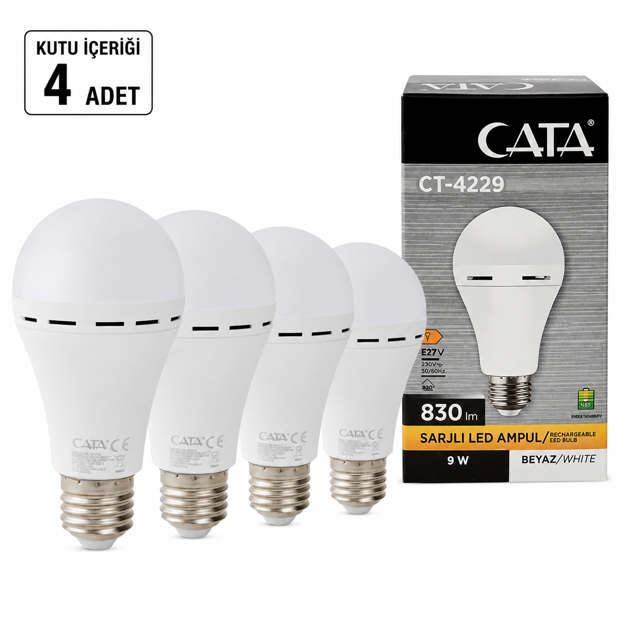 Cata CT-4229 Beyaz Işık 7 W E27 Şarjlı LED Ampul 4 adet