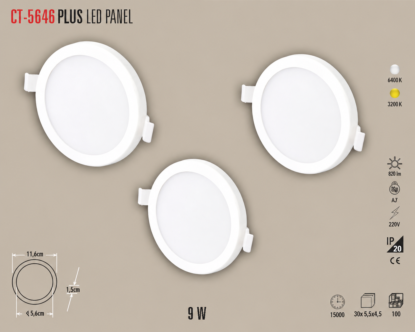 CT-5646 9W Ayarlanabilir Slim LED Panel Spot S�va Alt� Armat�r Metal Kasa 6400K Beyaz 3 Adet