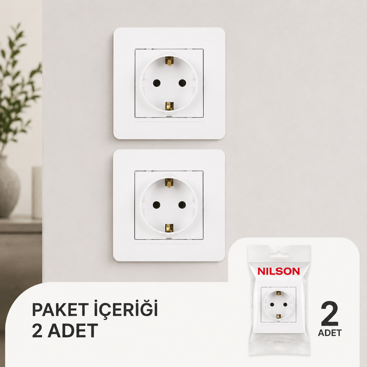 Nilson Selene Beyaz Toprakl� Priz 2 Adet
