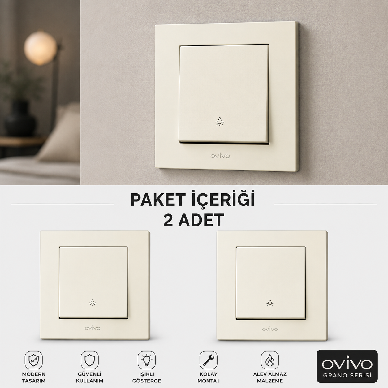 Ovivo Beyaz Light / Zil Anahtar� �er�eve Dahil 2 Adet