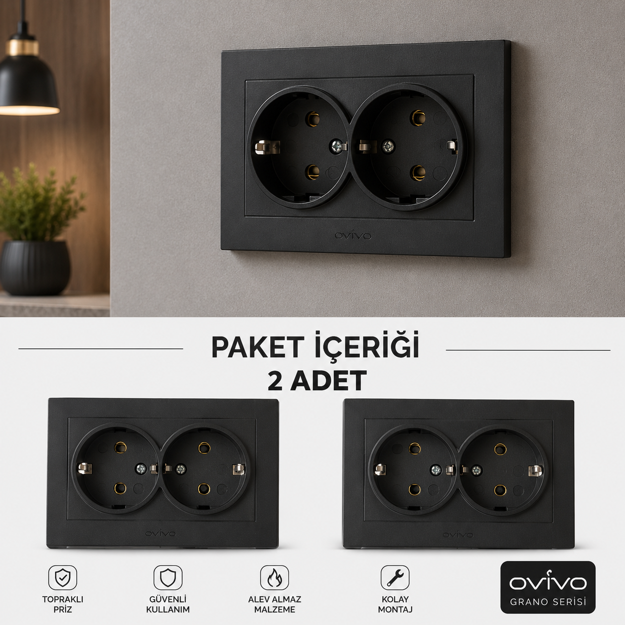 Ovivo Grano Siyah ikili Toprakl� Priz �er�eveli 2 Adet