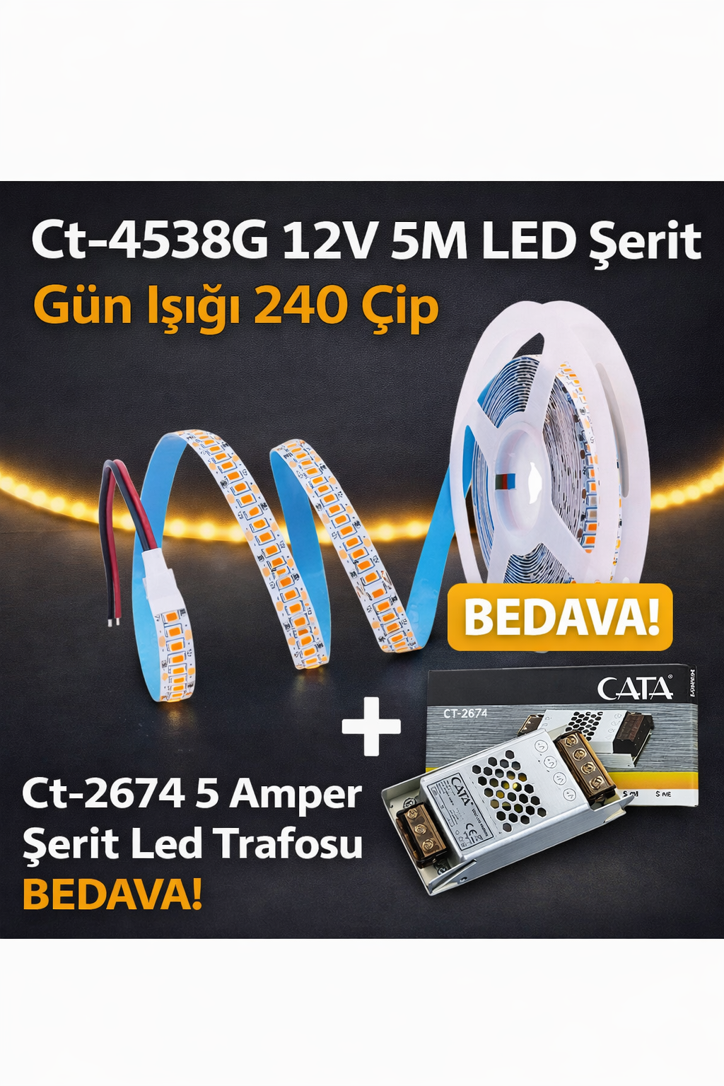 Ct-4538G 5M LED Şerit 240 Çip Gün Işığı + 5A Trafo Bedava