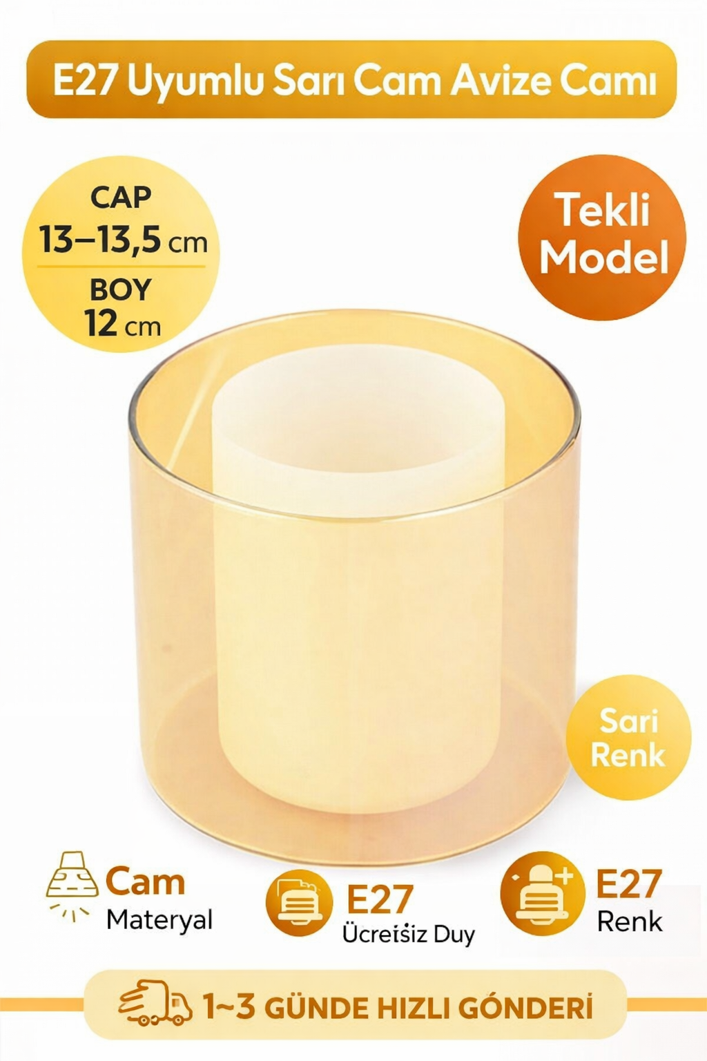 Çift Cam Bal Rengi Avize Camı ( Çapı 13,5cm-boyu 12 Cm) E27