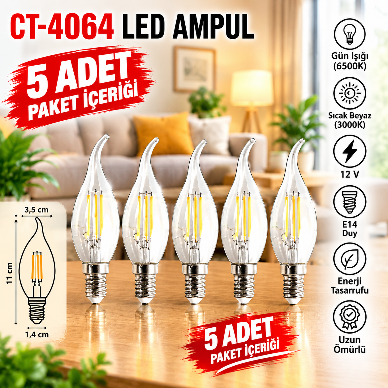 CT-4064 7w buji ampül 5 Adet