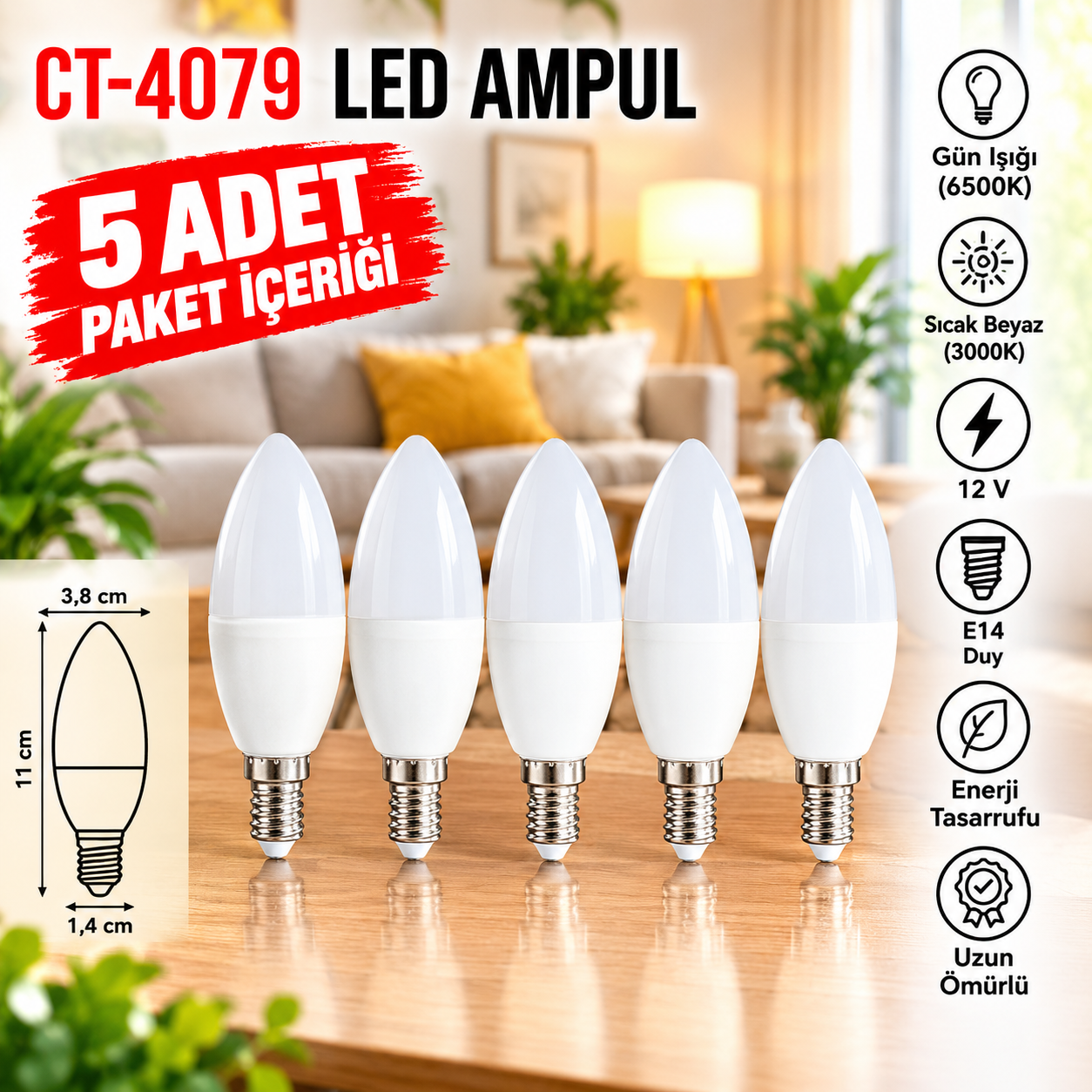 CT-4079 7 W buji ampül Beyaz 6 Adet