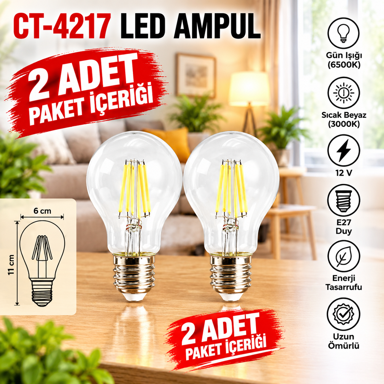 CT-4231 LED Filament Ampul 2 Adet