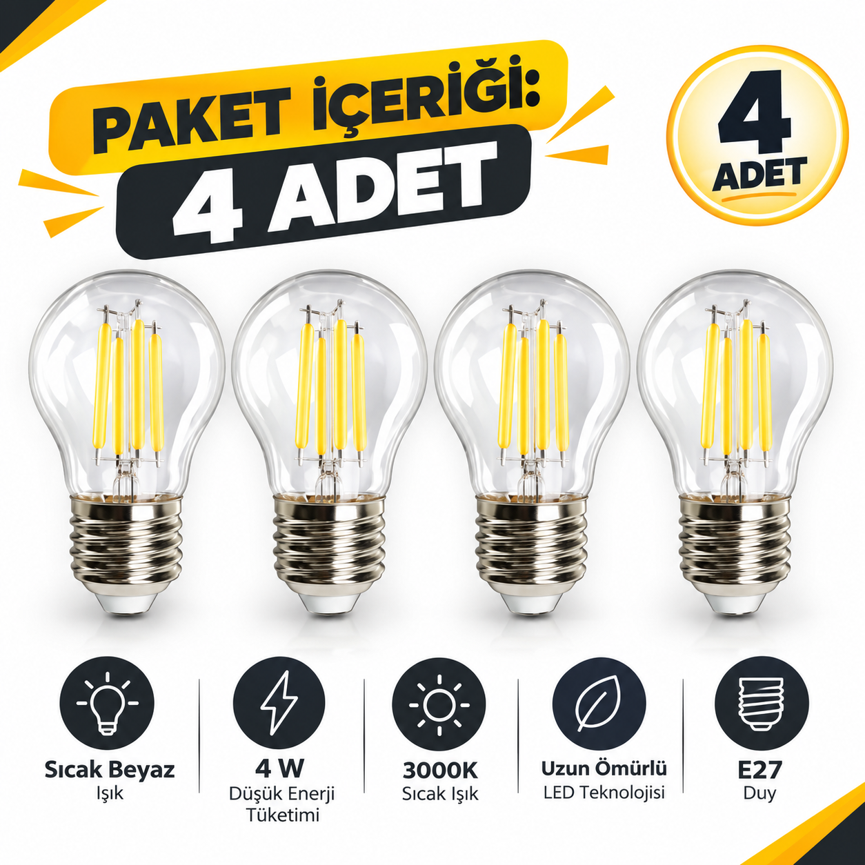 CT-4288 G45 Seffaf Filament LED Ampul 4 Adet