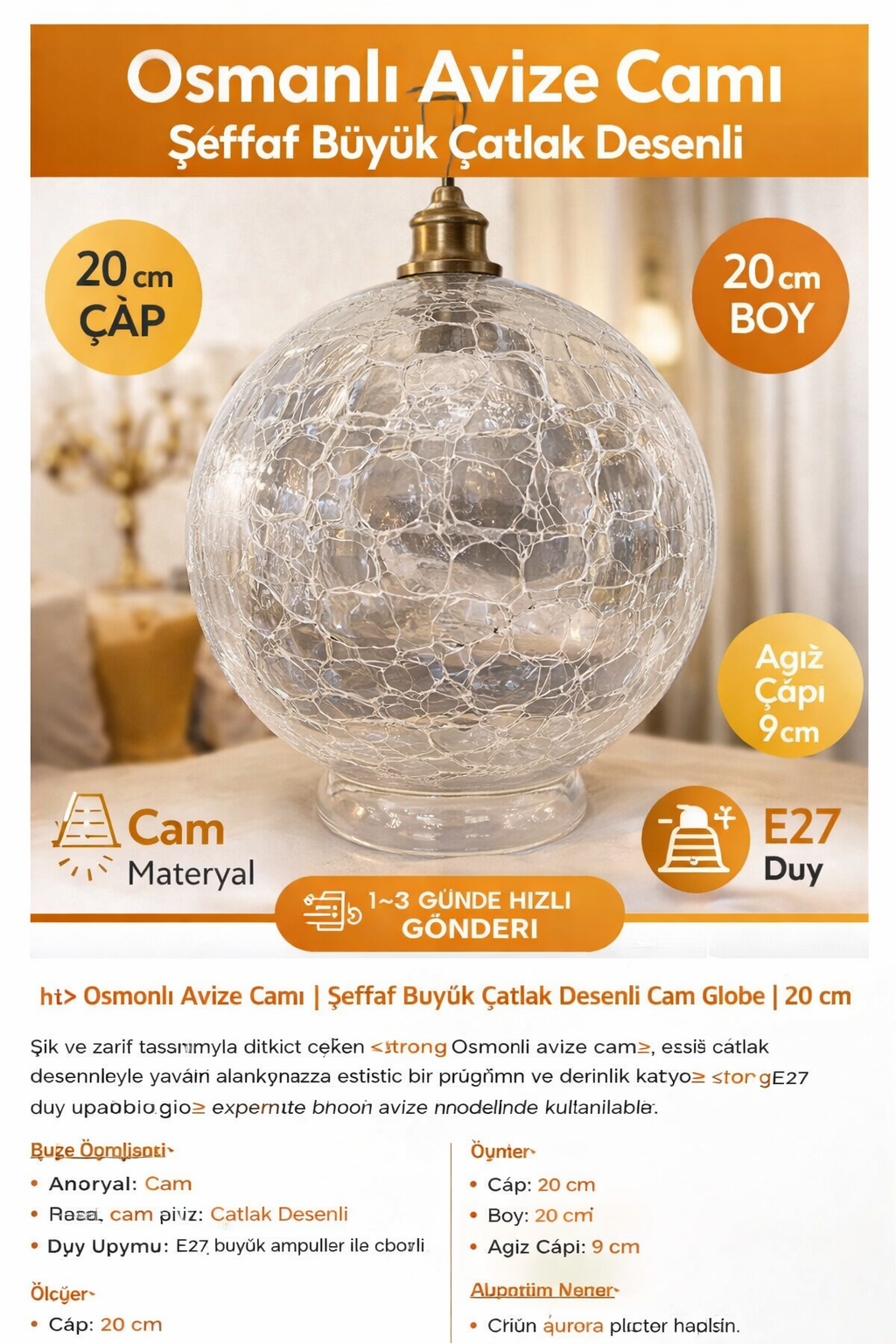 Osmanlı Avize Camı Şeffaf Büyük Çatlak Desenli(ÇAP 20 CM-BOYU 20 CM-AĞIZ ÇAPI 9,