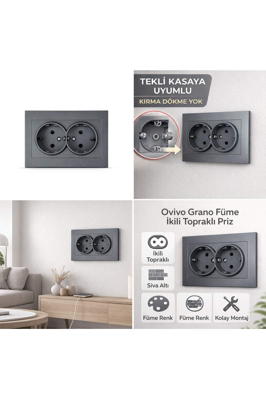 Ovivo Grano Füme Ikili Topraklı Priz Çerçeveli 4 lü