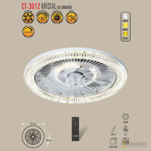 CT-3012 KRISTAL LED ARMATÜR TAVAN VANTILATÖR 3RENK