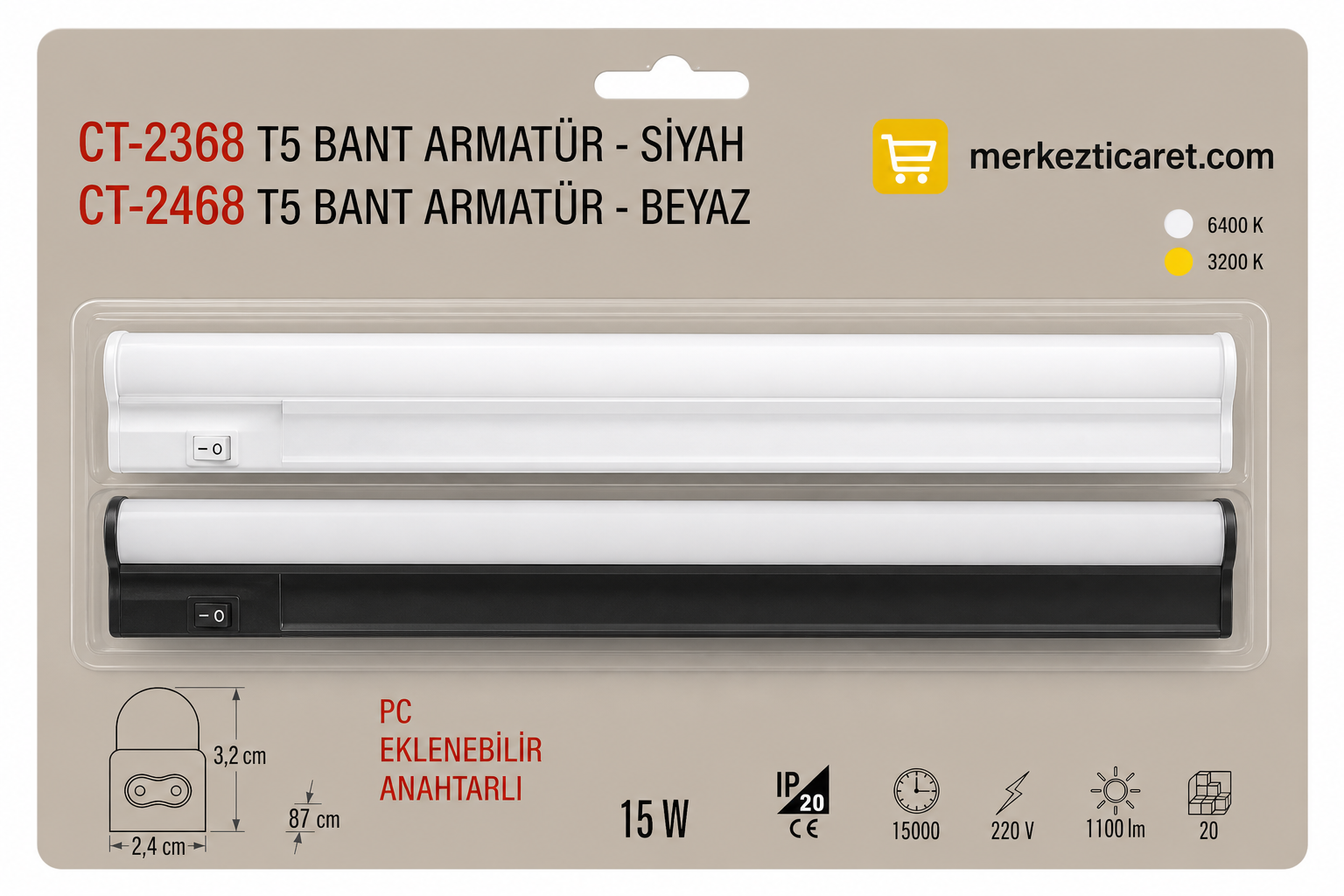 CT-2468 Beyaz Kasa T5 Bant Armatür 15W Beyaz