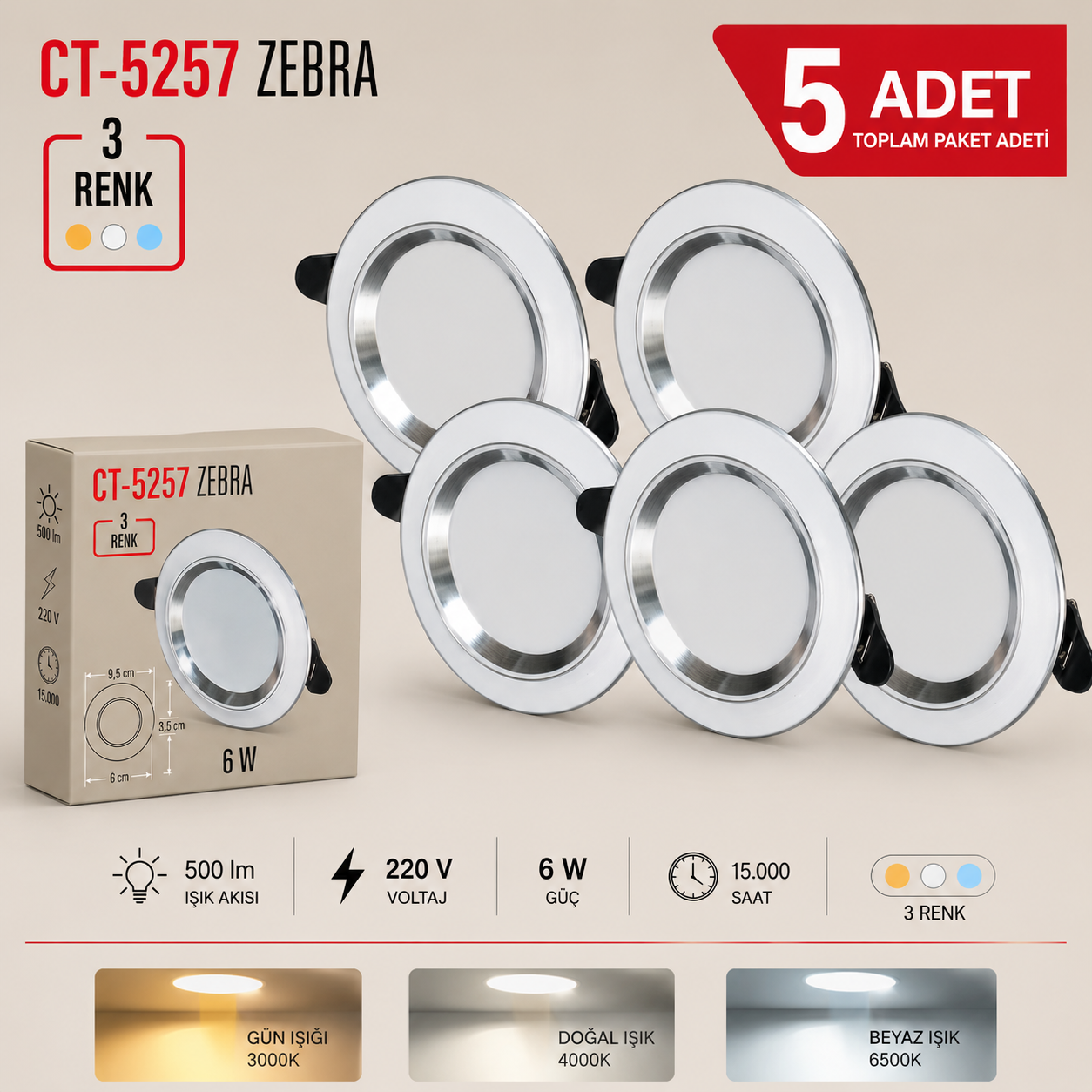 CT-5257 Zebra Led Spot 3 Renk Isik 5 Adet