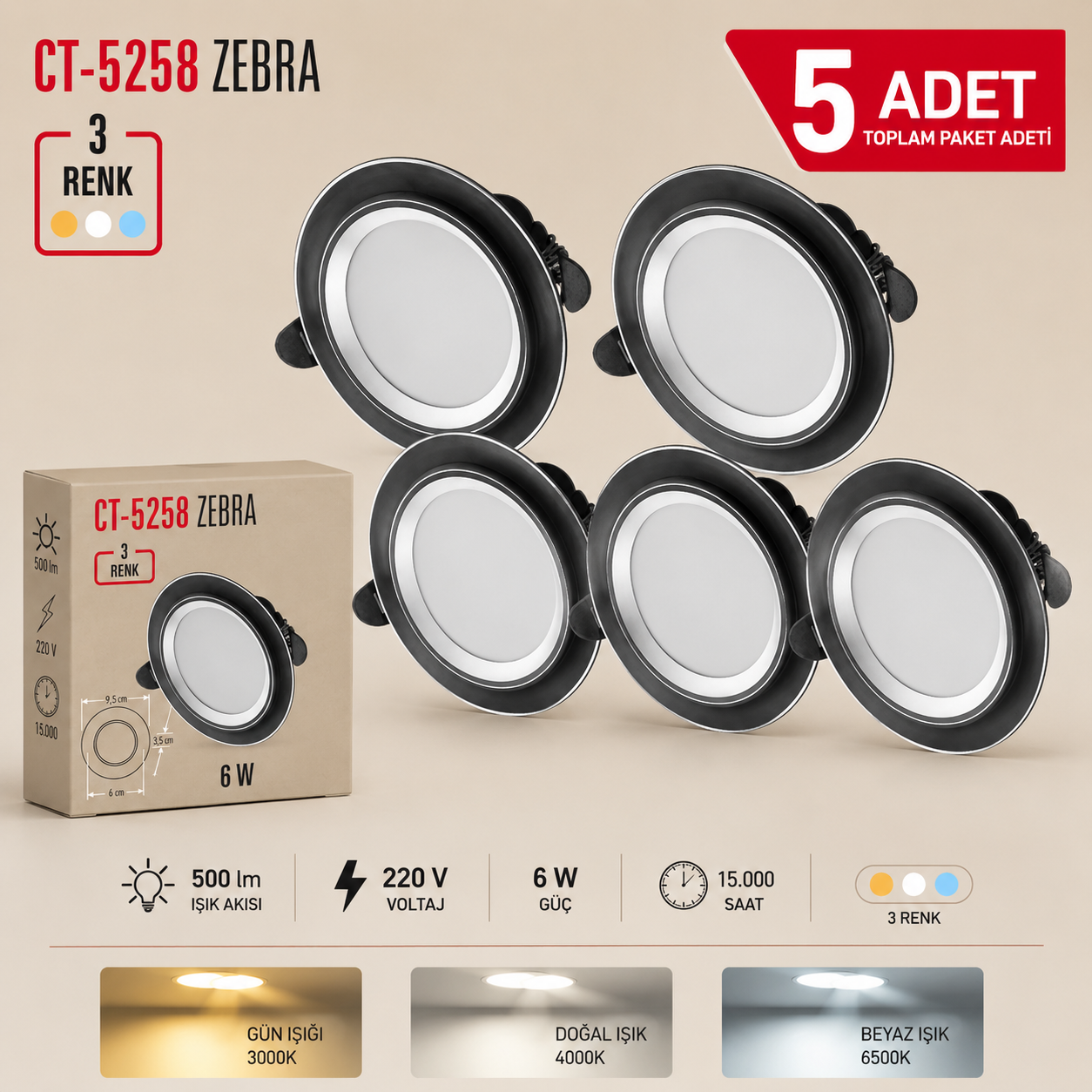 CT-5258 Zebra Led Spot 3 Renk Isik Siyah Kasa 5 Adet