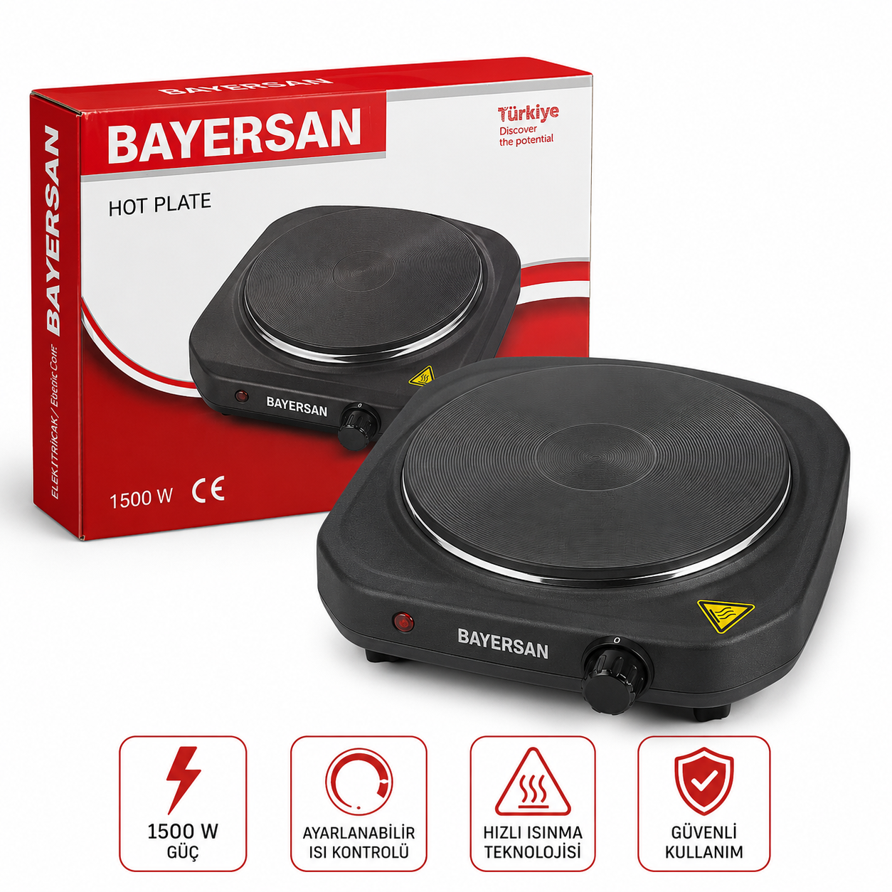 BAYERSAN Tek G�zl� Elektrikli Ocak � Pleytli, 1500W, Ta��nabilir Set �st�